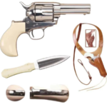 Cimarron Doc Holliday Combo Pistol 45 Colt (Long Colt) 3.5" Barrel, 6-Round Nickel, Bone Ivory Gripped Dagger/Huckle Berry Shoulder Rig