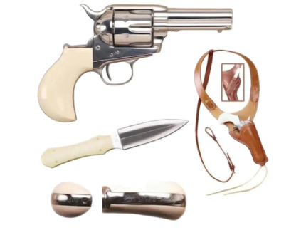 Cimarron Doc Holliday Combo Pistol 45 Colt (Long Colt) 3.5" Barrel, 6-Round Nickel, Bone Ivory Gripped Dagger/Huckle Berry Shoulder Rig