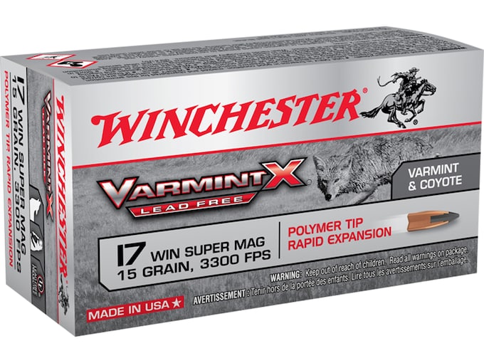 Winchester Varmint X Ammunition 17 Winchester Super Magnum 15 Grain Polymer Tip Lead-Free Box of 50 Winchester Varmint X Ammunition 17 Winchester Super Magnum 15 Grain Polymer Tip Lead-Free Box of 50